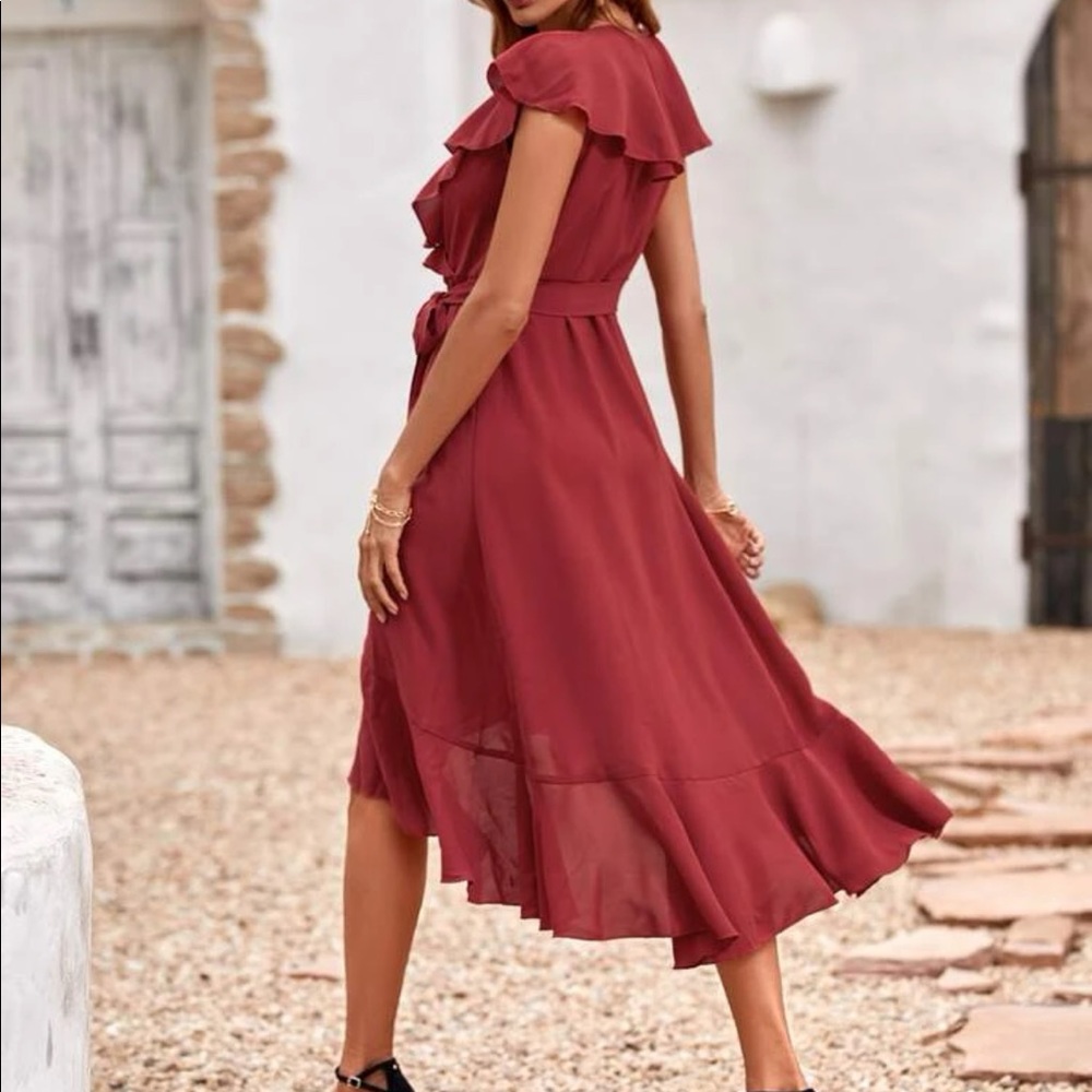 Boho burgundy butterfly sleeve blue ruffle hem belted wrap dress - Picture 11 of 16